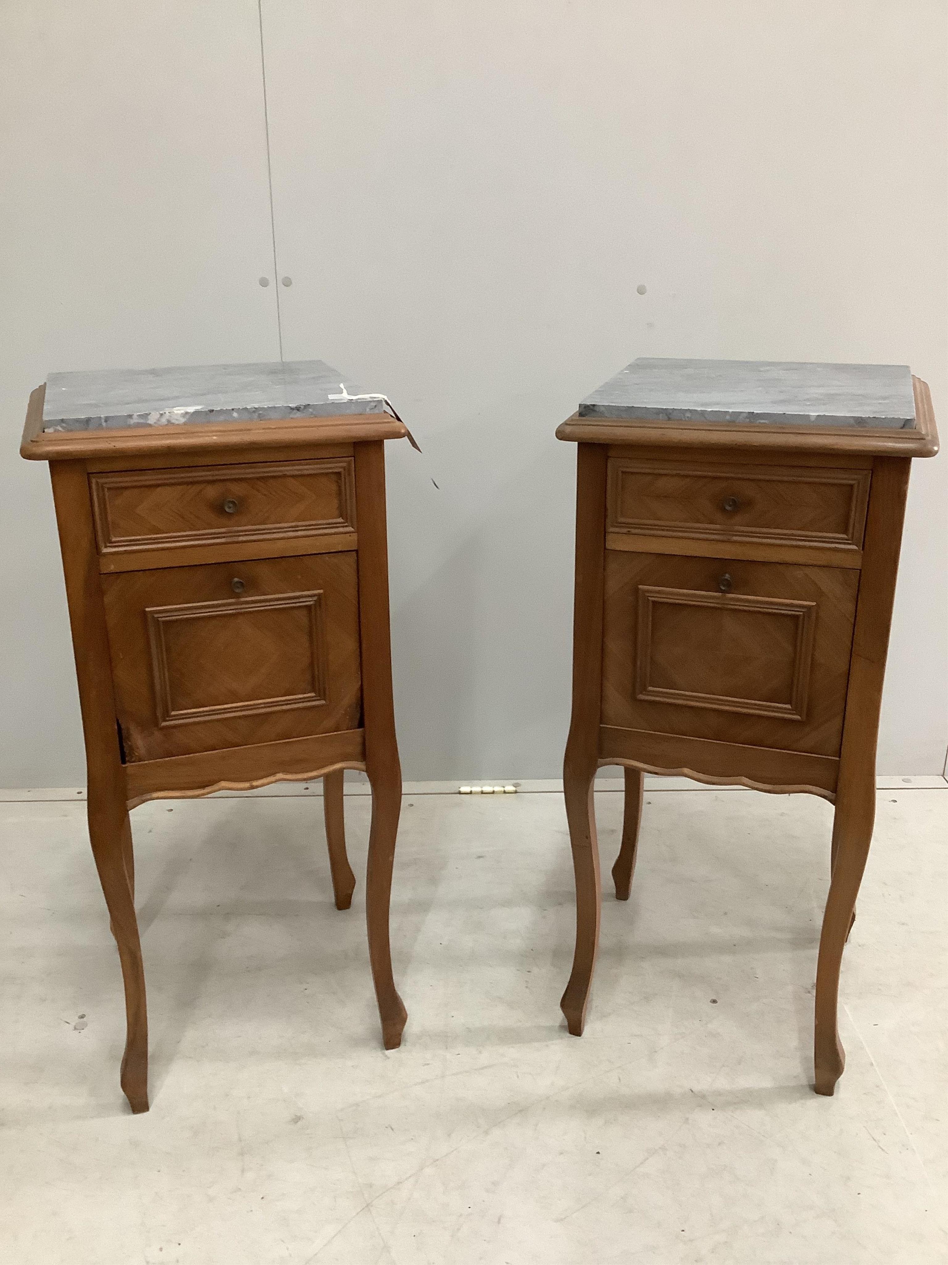 A pair of French marble top walnut bedside cabinets, width 38cm, depth 38cm, height 85cm. Condition - fair to good